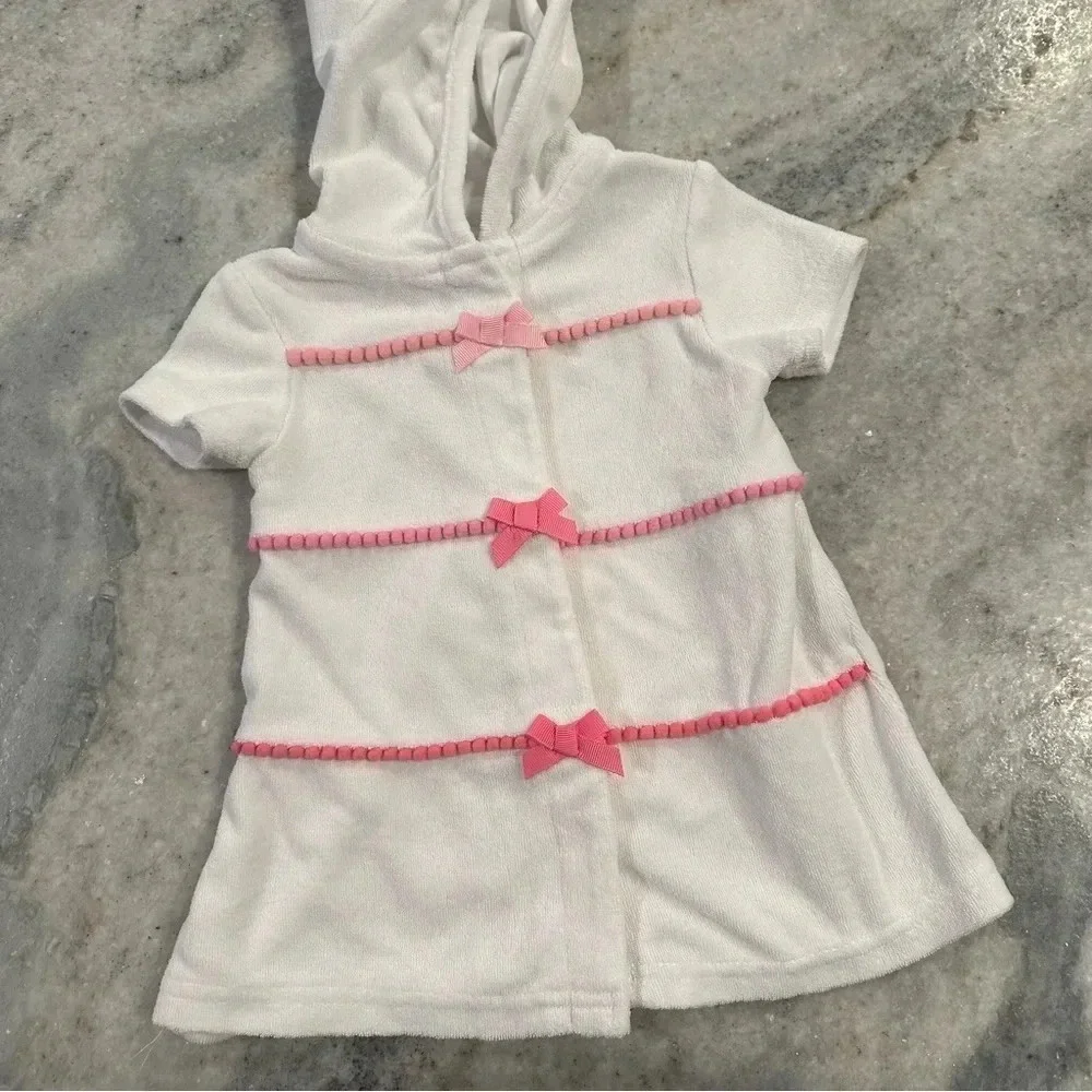 Little Me White Terry Cloth Hoodie Swim Cover Up Pink Bow Ribbon Size 6-9 Month
